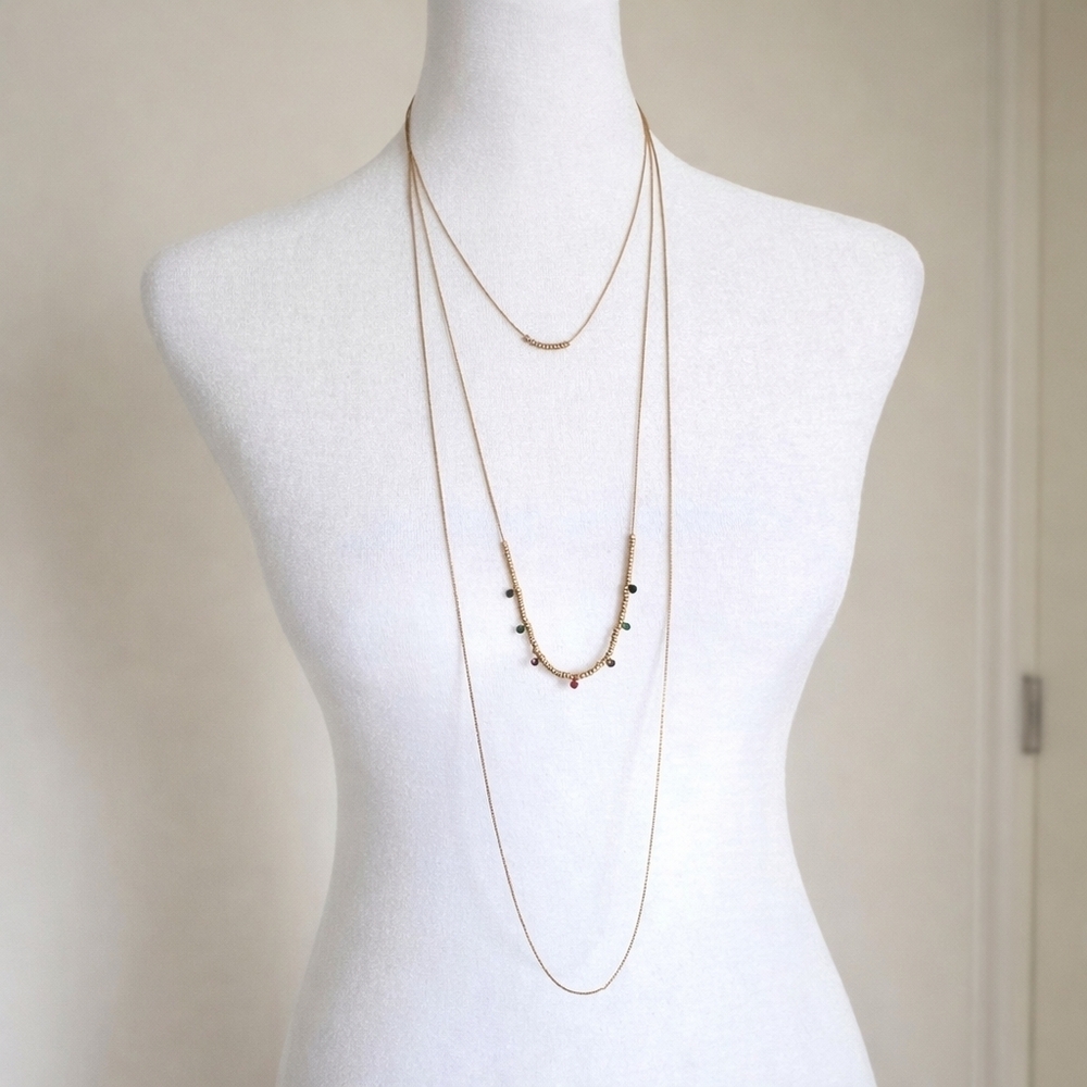 Delicate Gold Layered Beaded Necklace w/ Colorful Charms